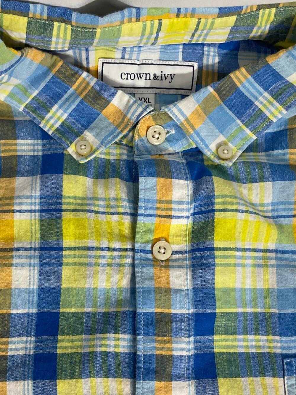 Crown & Ivy Mens XXL Blue and Yellow Plaid Long Sleeve Button Shirt Stretch